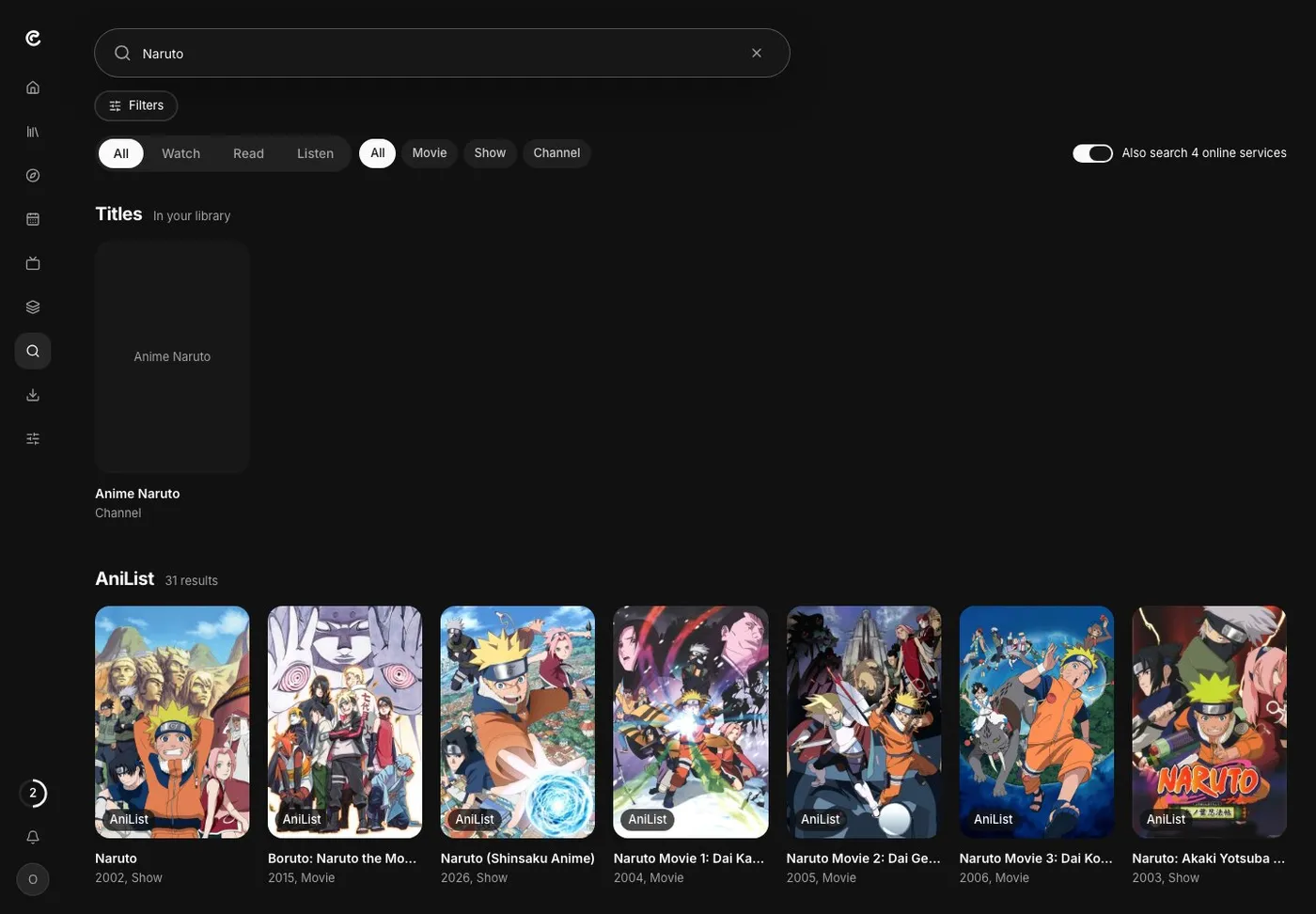 Caye search for Naruto: a channel in your library first, then AniList results with posters